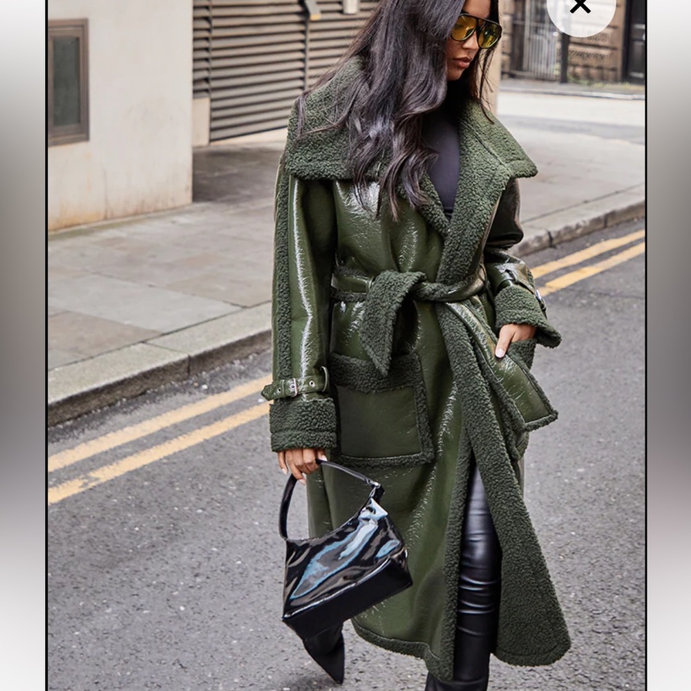PLT Green Vinyl Contrast Borg Midi Coat
